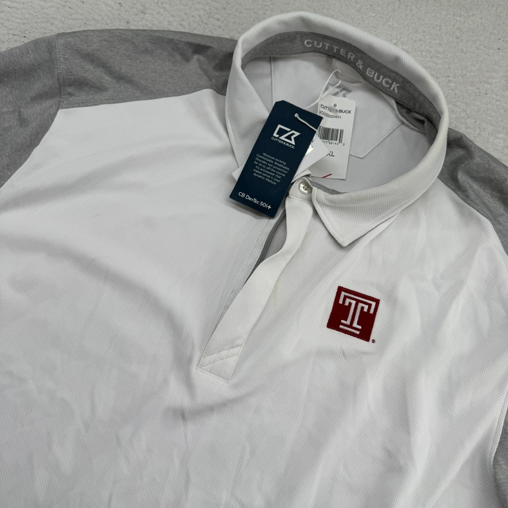 NWD Cutter & Buck Temple Owls Zip Golf Polo Mens 2XL White Shirt Dry Tech 50+